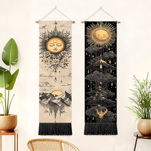 seewan 2 Pack Long Vertical Wall Tapestry, Boho Nature Landscape & Floral Aesthetic Wall Hanging for Bedroom Living Room Home Decor, Long Narrow Art Tapestry with Sunrise Mountain Botanical Designs, 13" × 51" (Celestial Sun Motif, 13"Wx51"H, Unframed) - c