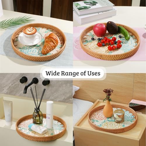 Round Rattan Tray with Mother of Pearl Inlay, Decorative Wicker Serving Tray with Wooden Base, Woven Basket Trays for Bread Fruits Coffee, Peony - color: Peony