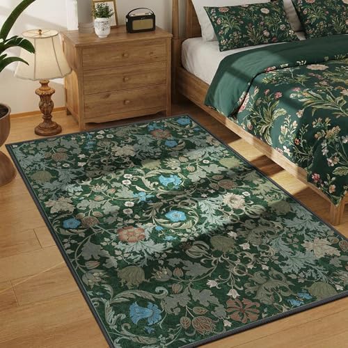 Forest Green Floral Area Rug 3x5 for Entryway, Washable Vintage Farmhouse Botanical Rug, Non Slip Low Pile Thin Floor Decor Soft Accent Rug for Front Door Kitchen Playroom Bedroom - color: Green, size: 3'x5'