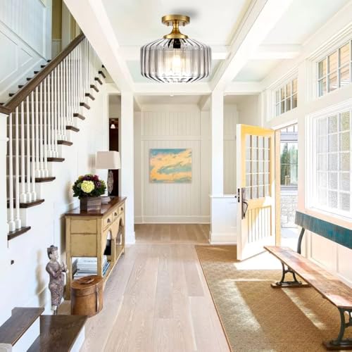 Clear Glass Semi Flush Mount Ceiling Light Fixture, Mid Century Modern Ceiling Lamp, 11 Inch Vintage Farmhouse Close to Ceiling Lamp for Entryway Foyer Hallway Closet - color: Clear