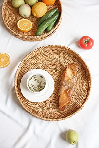 HITOMEN Hand-Woven Round Rattan Serving Tray Decorative Ottoman Wicker Platter with Handles for Coffee Table, Breakfast, Drinks, Snack, Bread, Fruit, Vegetables (Natural Set of 2: M+L) - color: Natural, size: Medium (11.8 inches)/Large (14.2 inches)