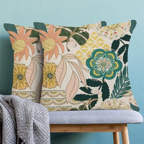 Boho Floral Pillow Covers 18x18 Set of 2, Abstract Mid Century Morden Outdoor Decorative Botanical Flowers Tropical Leaves Throw Pillows Retro Flower Couch Cushion Case for Chair Sofa Bedroom - color: Vc6, size: 18" x 18" (Pack of 2)