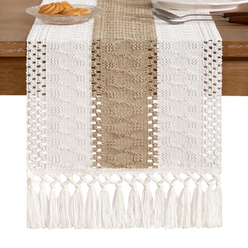 Socomi Boho Table Runner Summer Farmhouse Rustic Dining Kitchen Centerpiece Decor Small Macrame Woven Cotton Linen Coffee Table Runner for Dresser Scarf Home Decor 12x36 inch - color: Brown & Ivory, size: 12" X 36"