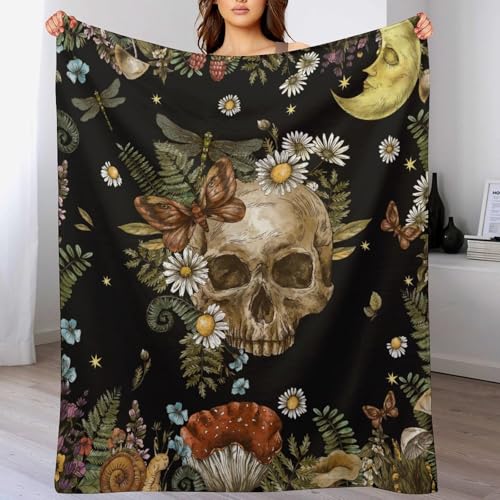 Skull Mushroom Blanket,Vintage Rustic Old Nature Plant Mushroom Flower Leaf Moon Print Blanket for Couch Sofa Bed Decorative Gifts 30x40 - color: Blanket-20, size: 30"x40"