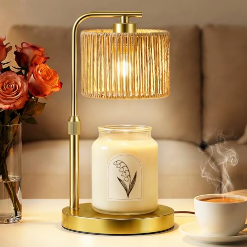 Candle Warmer Lamp, Timer Dimmable Candle Lamp, Adjustable Height and Brightness Gold Candle Warmer, Boho Rattan Lampshade and 2 Bulbs, Suitable for Home Decor, Birthday Gifts for Women Mom - color: Rattan-Gold