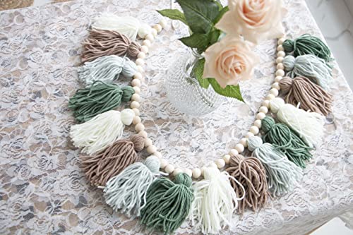 Tassel Garland - Boho Tassel Garland with Wood Beads - Wall Decor for Dorm, Girls Room and Nursery Room - Olive Green (43 inch) - size: 43 inch