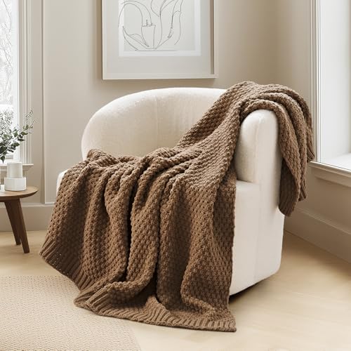 EVERGRACEHOME Chunky Chenille Knit Throw Blanket for Couch, Soft Luxurious Moss Stitch Blankets for Bed, Cozy Decorative Farmhouse Knitted Throws for Sofa, Camel Brown, 60" x 80" - color: Camel Brown, size: 60" X 80"