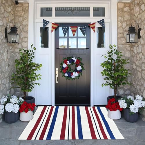 Blue/White/Red Striped Rug 4th of July Door Mat 27.5'' x 43'' Summer Front Porch Rug Independence Day Welcome Doormats for Farmhouse Entrance Porch Outdoors Decor (Blue/red/White, 27.5'' x 43'') - color: Blue/Red/White, size: 2'4" x 3'7" (Rectangular)