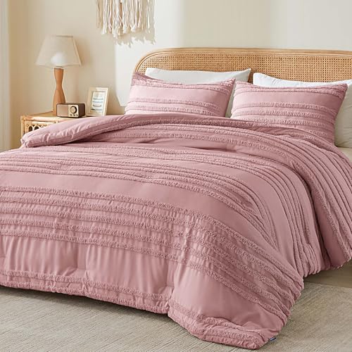 BEDELITE Boho Comforter Set Queen Size, Dusty Pink Tufted Striped Bed Set 3 Pieces, Soft Vintage Farmhouse Comforter for All Seasons, Boho Home Decor,Fluffy Jacquard Bedding with 2 Pillow Shams - color: Dusty Pink, size: Queen