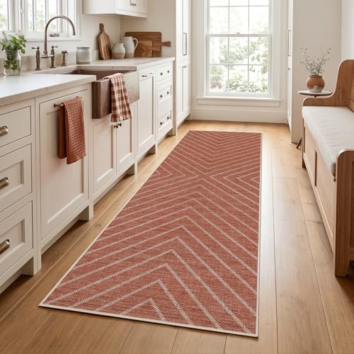 Garvee Easy Jute 2x6 Washable Kitchen Runner Rug, Non Slip Striped Rugs for Entryway Hallway, Indoor Outdoor Rug Farmhouse Modern Carpet Door Mat for Porch Bedroom Laundry Room 2'x6' Terracotta - color: Striped|terracotta, size: 2' x 6' (Runner)