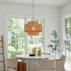 12.6" Rattan Pendant Light, Hand-Woven Boho Farmhouse Hanging Light Fixture, Mini Drum Wicker Rattan Chandelier for Kitchen Island, Bedroom, Dining Room, Entryway - color: Gold 12.6"