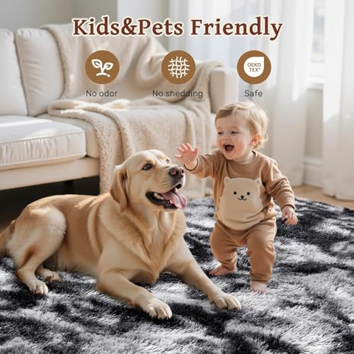7x10 Area Rugs for Living Room, Large Fluffy Shag Bedroom Rugs Non-Slip, Ultra Soft Plush Carpet for Nursery Kids PlayRoom Dorm Office Indoor Modern Carpets(Dark Grey) - color: A-tie-dye Darkgrey, size: 7' X 10' (Rectangular)