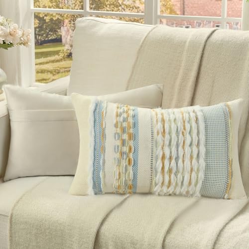 FUTEI Pack of 2 Boho Chenille Decorative Throw Pillow Covers 12x20 Inch Soft Plush Tufted Striped Textured Pillow Case,Farmhouse Accent for Couch Bed Living Room, Grey Blue Mustard - color: Grey Blue+light Green+mustard Yellow, size: 20" x 12" (Pack of 2)