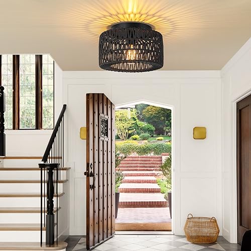 SineRise Rattan Ceiling Light Fixtures (12-Inch, LED Bulb Included), Hand-Woven Boho Flush Mount Ceiling Light, Rattan Chandelier for Hallway Kitchen Farmhouse Foyer Entryway Living Room(Black) - color: Black, size: Small