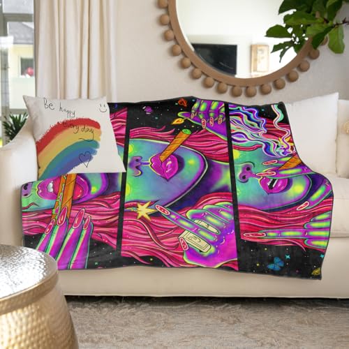 Blacklight Hippie Trippy Blanket UV Reactive Throw Glow in the Dark Smoke Weed Throw Blankets for Stoners Bedroom Room Decor Cannabis Weed Smoking Accessories Trippy Room Decor Travel Blanket 51”x59” - color: Pink 2