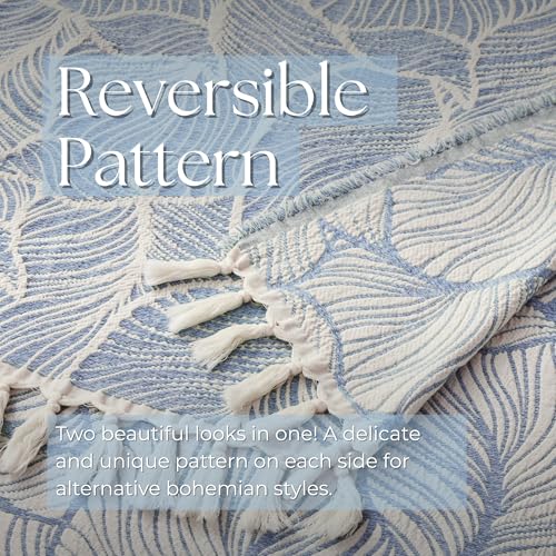 DOWN HOME Chenille Cotton Throw Blanket for Couch, Lightweight Boho Blanket for Bed Sofa Chair Living Room Outdoor Soft Woven Decorative Blanket with Tassel Gift Blue Leaves 50"x70" - color: Blue, size: 50"x70"