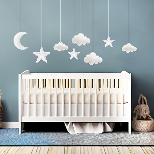 Ayfjovs 8pcs 3D Hanging Cloud Set with Moon and Stars for Ceiling Decor, Felt Artificial Ceiling Clouds for Art Stage Wedding Nursery Children Room Party Baby Shower Cloud Props - style: Puffy Cloud Moon Star-8pcs