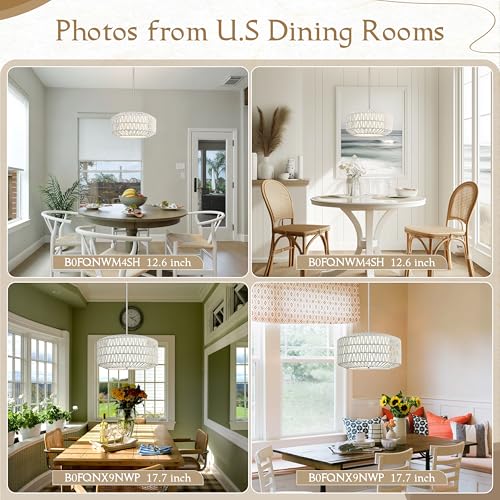 12.6 inch White Rattan Light Fixture Woven Pendant Lights Rustic Light Fixtures Fabric Shade Boho Chandelier for Dinning Room Kitchen (Bulb Incl.) - color: 12.6"-White-Prism