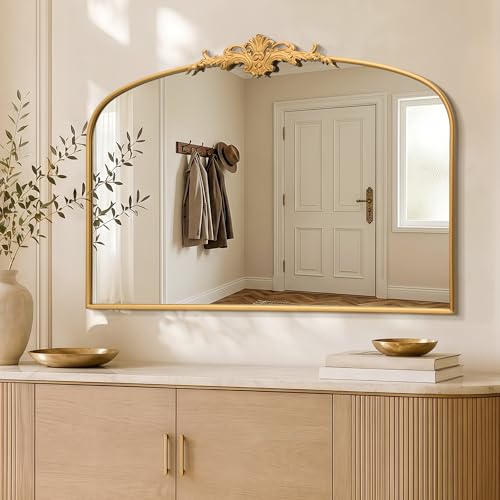 Besdomus Ornate Arched Large Mirror: 55"x36" French Gold Vintage Vanity Mirror - Overmax Baroque Decorative Traditional for Bathroom Remodel - Great for Fireplace/Entryway/Living Room/Bathroom - color: Gleaming Gold, size: 36"L x 55"W