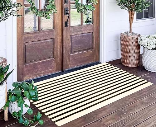 Black and Beige Outdoor Rug 2'x4.3',Striped Front Porch Rug Machine Washable Front Door Mat Entryway Throw Rug for Front Porch Indoor Outdoor Doormat - color: Black Beige, size: 2' x 4'3" (Rectangular)