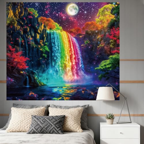 CRAFTYMELODY Rainbow Waterfall Blacklight Tapestry Glow in the Dark Tapestry UV Reactive Lake Moon Wall Hanging 59×51 Inch with Hook Self Adhesive Sticker Clip for Bedroom Home Wall Decoration - color: Rainbow Waterfall