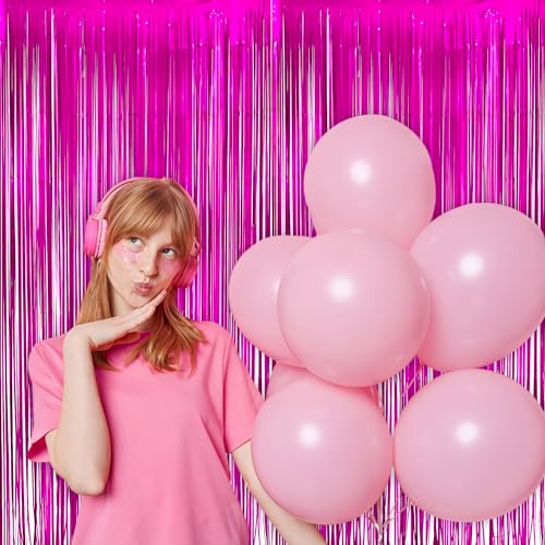 Hot Pink Party Streamers Backdrop - GREATRIL Shiny Fuchsia Tinsel Foil Fringe Curtain for Birthday/Flamingo/Fancy/Galentine/Breast Cancer Awareness Decorations - 3.2ft X 8.2ft - 2 Packs - color: Hot Pink