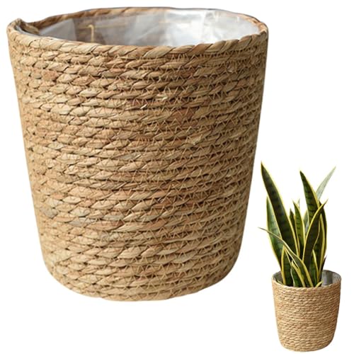 Beavorty Woven Flower Basket Hand Woven Straw Planter with Plastic Liner 8.66 Inch Indoor Decorative Plant Pot for Home Office Garden - size: 22X15CM