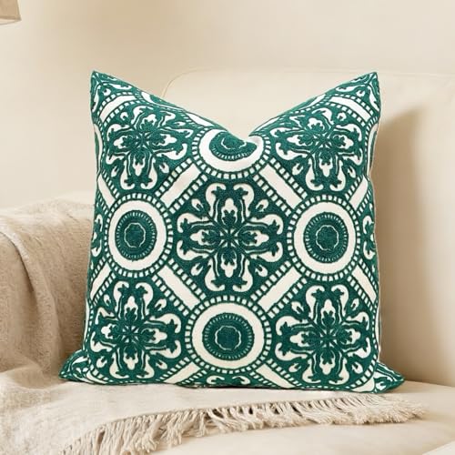 Slow Cow Embroidery Decorative Throw Pillow Cover Cushion Cover for Couch Sofa Bedroom Flower Pattern Pillowcase Accent Pillow Cover 18 x 18 Inches - color: Dark Green Kaleidoscope, size: 18" x 18" (Pack of 1)