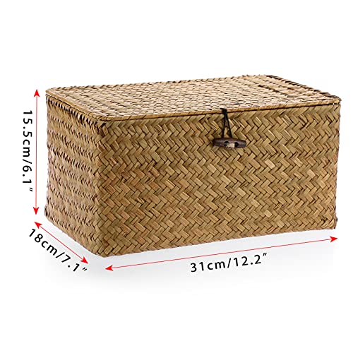 Hipiwe Wicker Shelf Baskets Bin with Lid, Handwoven Seagrass Basket Storage Bins Rectangular Household Basket Boxes for Shelf Wardrobe Home Organizer, Caramel Medium - color: Caramel, size: Medium