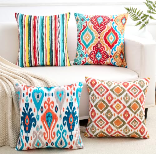 Boho Throw Pillow Covers 18x18 Set of 4 Colorful Ikat Geometric Decorative Cushion Covers with Hidden Zipper Soft Polyester Double Sided Print Machine Washable, No Inserts - color: Rainbow, size: 18" x 18" (Pack of 4)