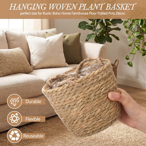 6 Pcs Seagrass Hanging Planter Basket Hand Woven Plant Basket with Plastic Liners Hanging Plant Holder Storage Containers with Cotton Rope for Indoor Outdoor Garden Home Decor (Brown) - color: Brown, size: Small