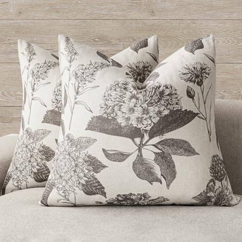 Foindtower Set of 2 Linen Floral Vintage Throw Pillow Covers Neutral Accent Decorative Cushion Covers Farmhouse Boho Home Decor for Sofa Chair Couch Bedroom Living Room,18×18 Inch,Light Gray - color: Light Gray, size: 18" x 18" (Pack of 2)
