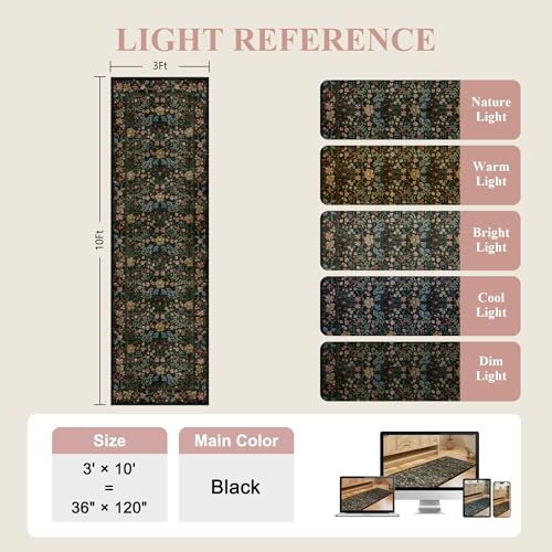 DUKINO 3x10 Kitchen Runner Rug, Washable Vintage Non Slip Floral Rug for Hallway, Lightweight & Low Pile Soft Throw Carpet for Entryway, Kitchen, Bathroom, Laundry, Bedroom, Black - color: Black, size: 3' x 10' (Rectangular)