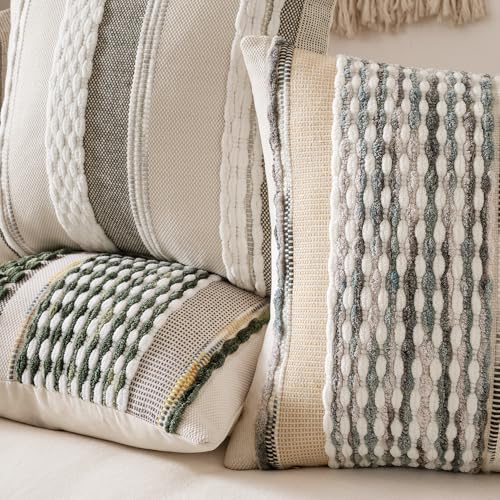 ANRODUO Pack of 2 Boho Decorative Throw Pillow Covers 18x18 Farmhouse Cushion Case Striped Chenille Pillow Cases Square Pillow Covers Accent Neutral Pillowcase for Sofa Couch Bed, Gray Blue Stripe - color: Gray Blue Stripe, size: 18" x 18" (Pack of 2)