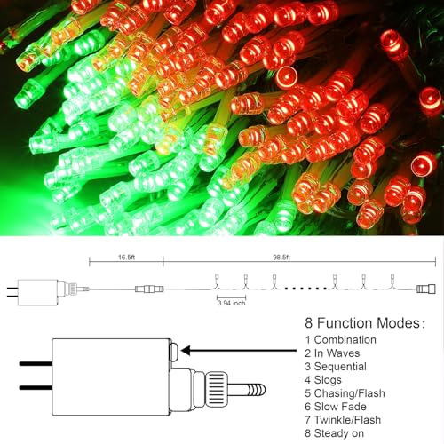 LJLNION 300 LED Christmas Lights, Extra Long 98.5FT Xmas String Lights Outdoor Indoor, 8 Lighting Modes, Plug in Waterproof Fairy Lights for Wedding Party Bedroom Decorations (Red & Green) - color: Red & Green