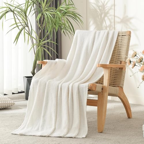 Knit Throw Blanket Super Soft Warm Blanket for Couch Lightweight Fluffy Blanket for Bed Sofa 50x60 Inches Cream - color: Cream, size: 50x60
