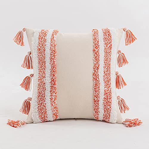 Boho Throw Pillow Cover Tufted Woven Decorative Pillowcase with Tassel Accent Square Farmhouse Stripe Cushion Cover for Sofa Bed Living Room (Orange,18x18 Inch) - color: Orange, size: 18" x 18" (Pack of 1)