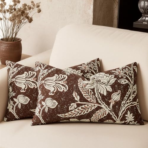 MUSSEL Brown 12x20 Floral Pillow Covers：100% Cotton Vintage Throw Pillows Decorative Covers Boho Patterned Accent Modern Neutral Covers — Couch Sofa Bed Living Room Farmhouse Pillowcases Pack of 2 - color: Bf-brown, size: 20" x 12" (Pack of 2)