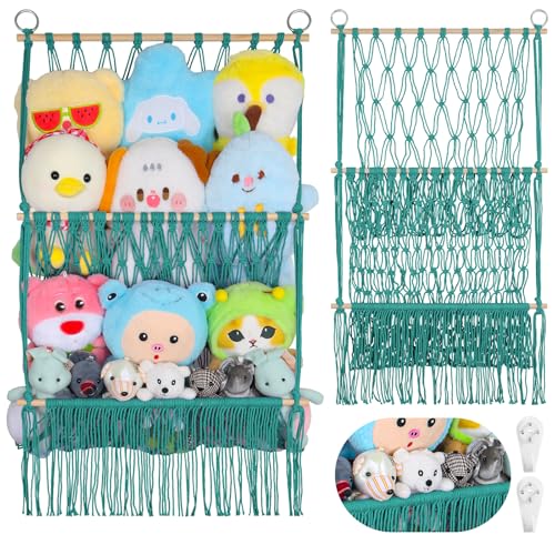 2 Tier Stuffed Animal Storage Shelf Net, 17x32Inch Large Stuffed Animal Organizer Holder Display for Mini Medium Stuffy, Aqua Boho Macrame Wall Plushies Stuffy Storage for Nursery Decor - color: Aqua, size: Large-2 Tier-17x32 Inch