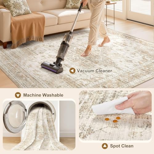 Washable Area Rugs 3x5, Soft Large 3x5 Rugs for Living Room Non-Slip Vintage Beige Indoor Carpet Stain Resistant Rugs for Dining Room Bedroom Nursery Kid & Pet Friendly - color: Beige, size: 3' x 5' (Rectangular)