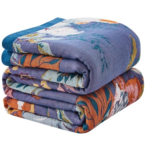 Boho Blanket Soft Muslin BohoThrow Blanket, 100% Cotton Floral Printed Farmhouse Decor All Season Reversible Rustic Throw for Sofa Couch Chair (Purple, 50"x60") - color: Purple, size: 50"x60"