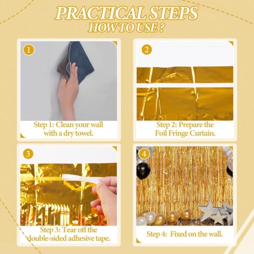 DECOCKRAT 3 Pack Foil Fringe Backdrop - Gold Shiny Tinsel Curtains for Party Decoration/Photo Booth Props - 3.3x8.2 FT Metallic Foil Backdrop for Birthday, Wedding, Graduation, Christmas. - color: Gold