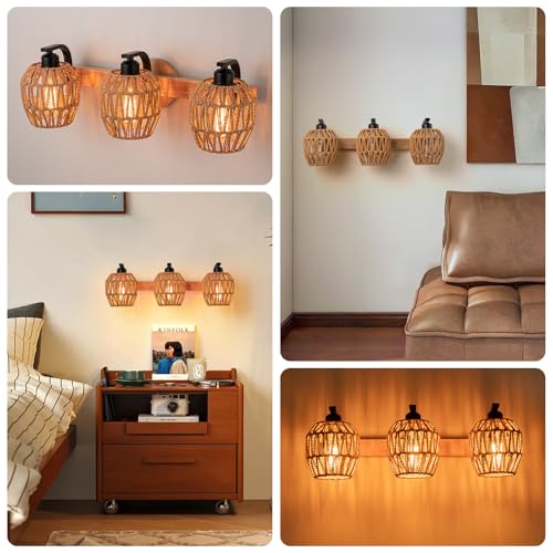3-Light Rattan Vanity Light Fixtures,Bathroom Lighting Fixtures Over Mirror,Rustic Rattan Lampshade Wood Wall Light Boho Vanity Light Farmhouse Wall Sconces for Kitchen Stairs Bedroom - color: Drum shade