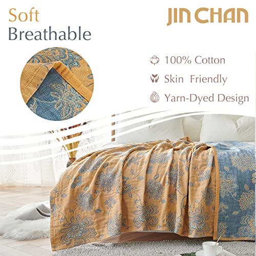 jinchan Boho 100% Cotton Muslin Twin Size 60x80 Inches Blanket Lightweight 4-Layer Quilted Soft Yellow and Blue Floral Throw Blanket Reversible Comfy Flower Breathable All Seasons Couch Bedroom Decor - color: Floral Yellow Blue, size: 60"x80"