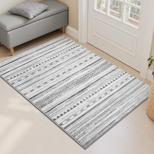 Small Area Rug-2x3 Entryway Rug Non Slip Washable Low Pile Indoor Door Mat Neutral Distressed Boho Moroccan Entrance Rugs Carpet for Bedroom Kitchen Powder Room Front Porch Bathroom, Black - color: Black, size: 2' x 3' (Rectangular)