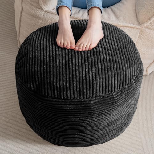 HIGOGOGO Round Stuffed Pouf Ottoman, Corduroy Poufs with Foam Chunk Filling, Furry and Fluffy Pouf Foot Stool Storage Ottoman, 20 X 15 Floor Poufs Foot Rest for Living Room, Black - color: Black, size: 20"D x 20"W x 15"H