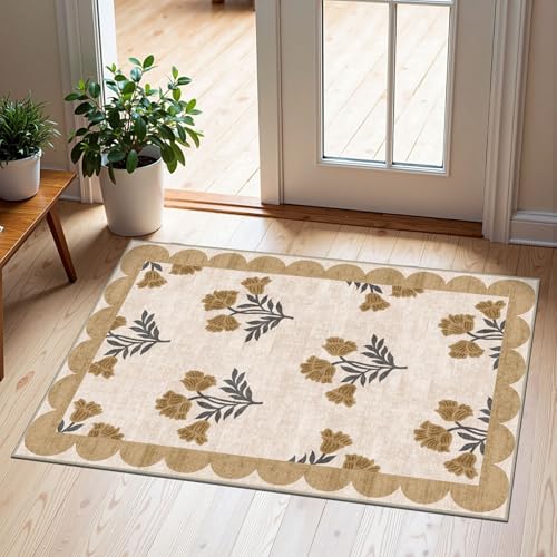 Front Door Mat Outside Entrance - 2x3 Spring Floral Non-Slip Washable Doormat Indoor Outdoor Door Mat Beige Vintage Farmhouse Entry Rug Small Throw Rugs for Entryway Kitchen Front Porch Decor - color: Flower - Beige, size: 2' x 3' (Rectangular)