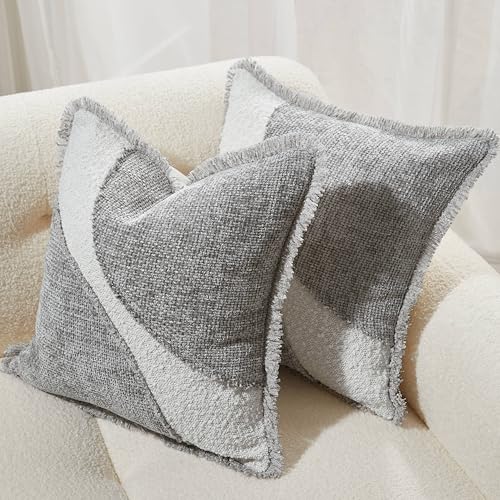Decorative Boucle Fringe Throw Pillow Covers Set of 2, 18x18 Inch Design Couch Throw Pillows for Sofa Bed Living Room Decor (Light Grey, 18"X18" (Pack of 2)) - color: Light Grey