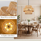 25.59" Large Hand-Woven Rattan Chandelier, 6 Lights Farmhouse Boho Chandelier Light Fixtures, Rustic Bamboo Wicker Chandeliers for Dining Room, Kitchen Island, Living Room, Stairway - color: Beige, size: 25.59 Inch