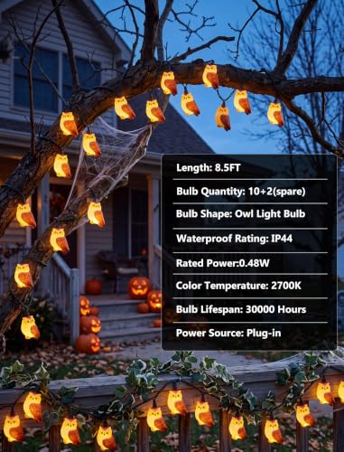 8.5ft Owl Christmas Outdoor String Lights with 10 LED Bulbs, Shatterproof Fairy Lights Plug in for Xmas - color: Multicolor Owl